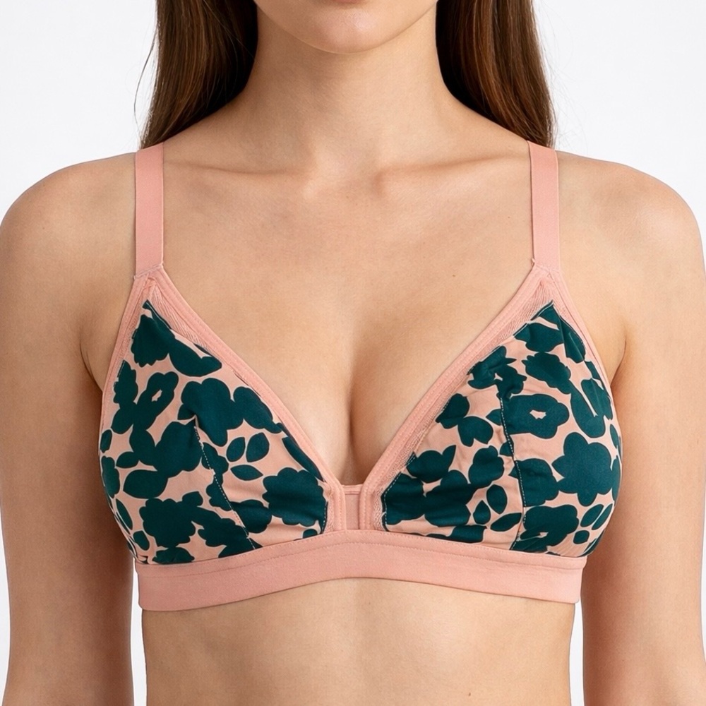 Lively Busty Bralette Size 1 Pink Green Floral Wireless Lounge Bra EUC